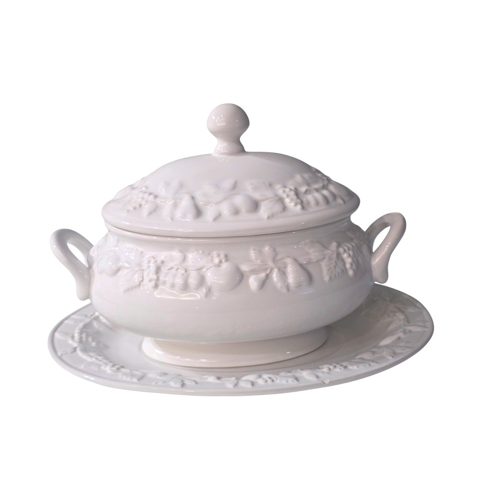Sanor white Ceramic Soup Tureen Set Embossed Fruit Vine Pattern Lid & Underplate